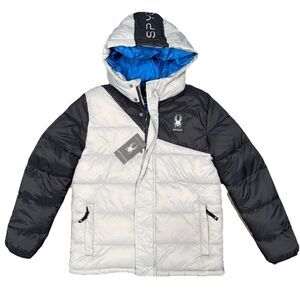 Spyder Boys Hooded Puffer Jacket Silver Circuit Insulated Coat Size L 14/16